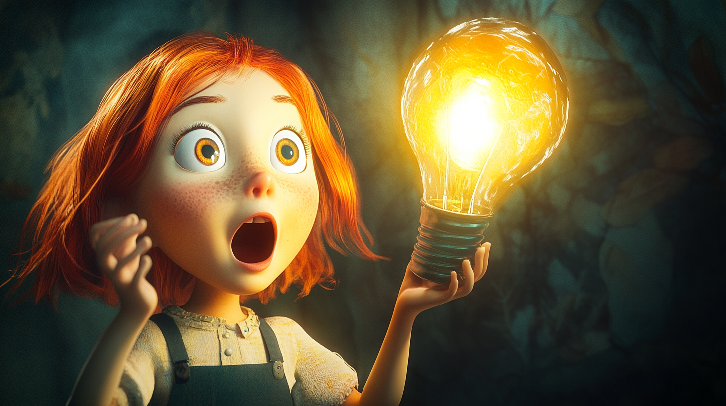 Sally excited with bright idea, animated style, detailed, realistic.