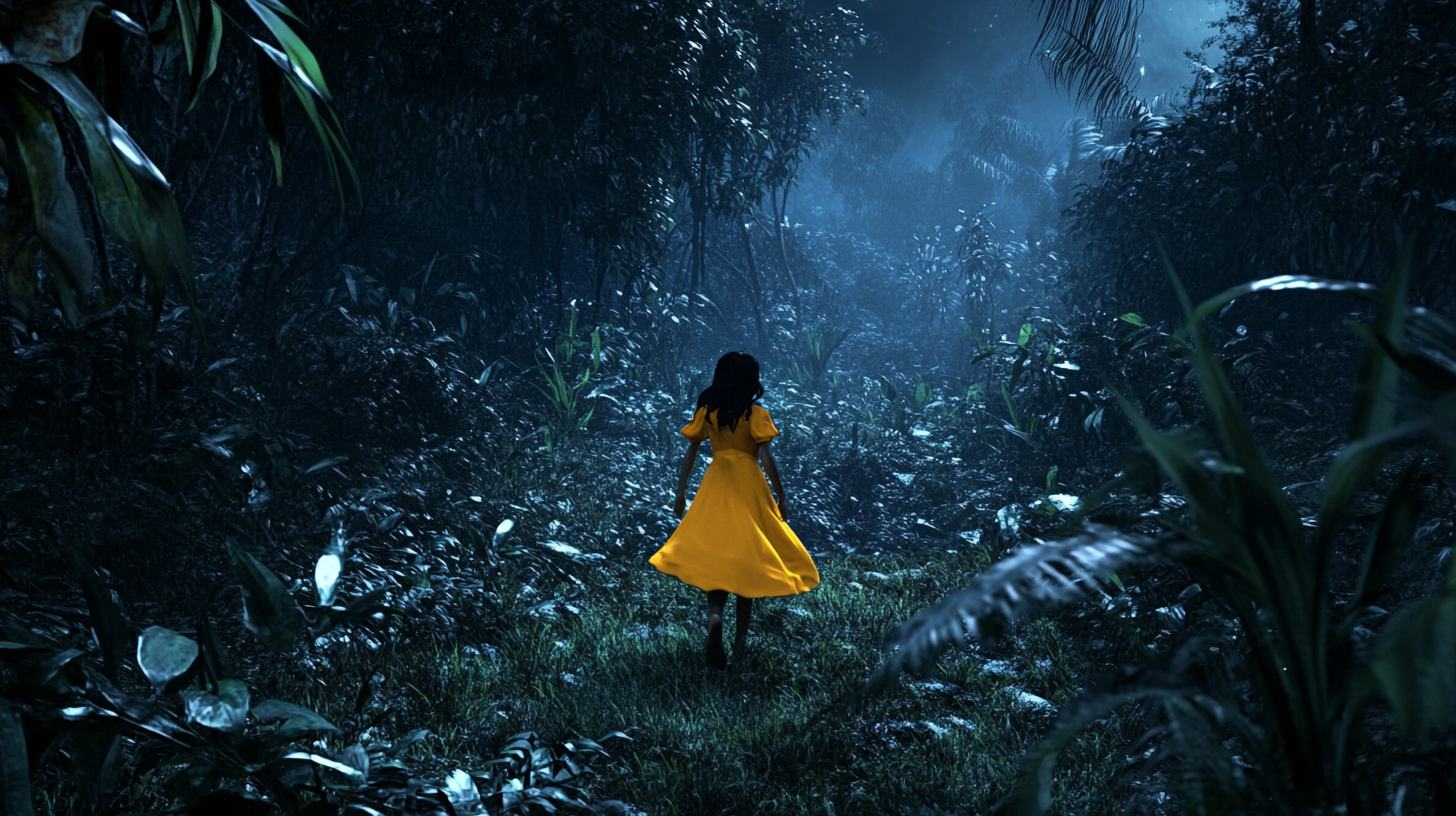 Sally in yellow dress plays hide-and-seek in jungle.