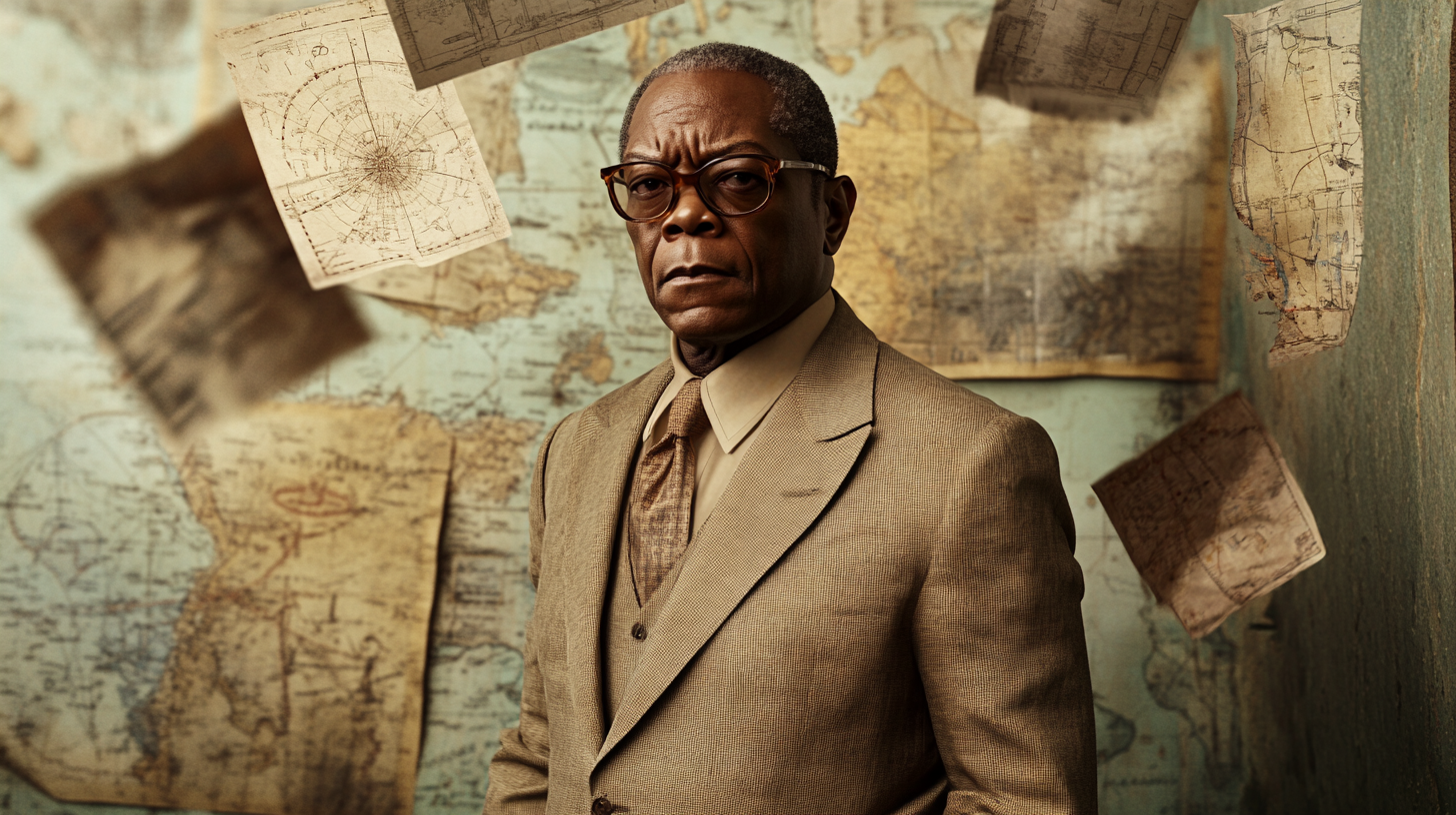 Samuel L Jackson in stylish tan suit with maps