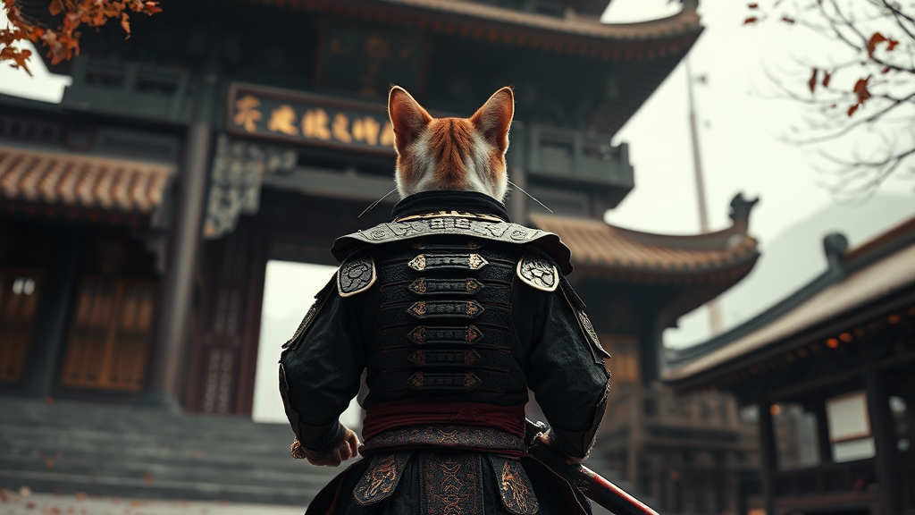 Samurai Cat Entering Shaolin Temple with Bloody Sword