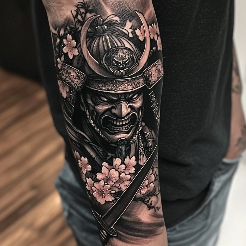 Samurai Hannya Mask Tattoo Design with Katana & Cherry Blossoms