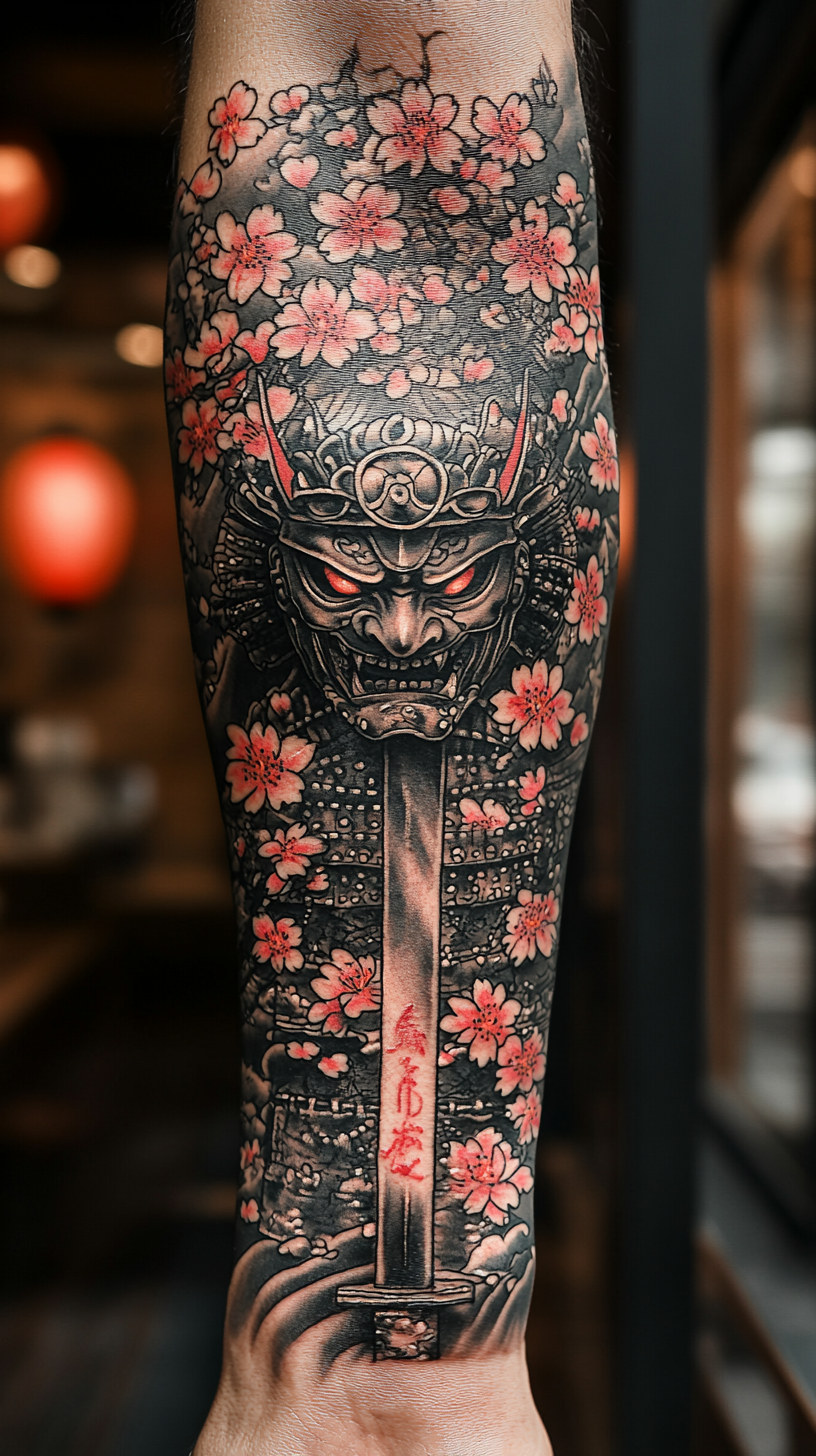 Samurai Hannya Mask Tattoo Design with Katana and Cherry Blossoms