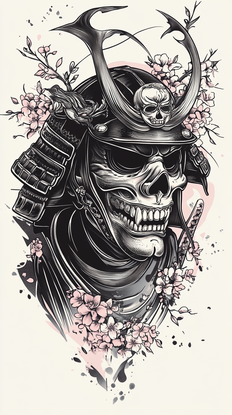 Samurai Hannya Mask Tattoo Design with Skull Outline, Detailed Line Work, Cherry Blossom Background