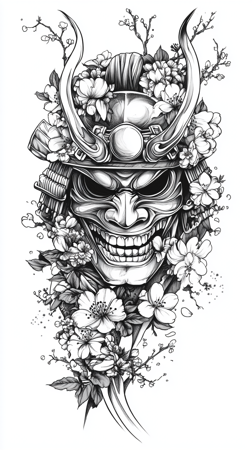 Samurai Hannya Mask Tattoo Design with Skull Outline