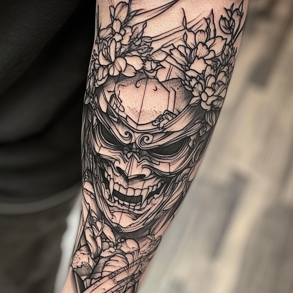 Samurai Hannya Mask Tattoo Design with Skull and Cherry Blossoms