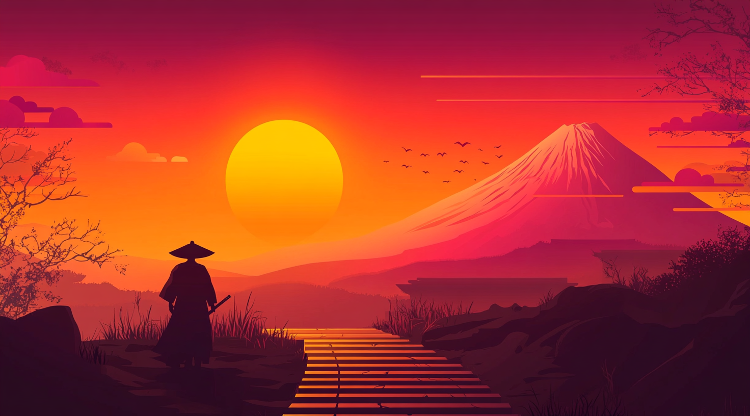 Samurai Observing Mount Fuji at Sunset