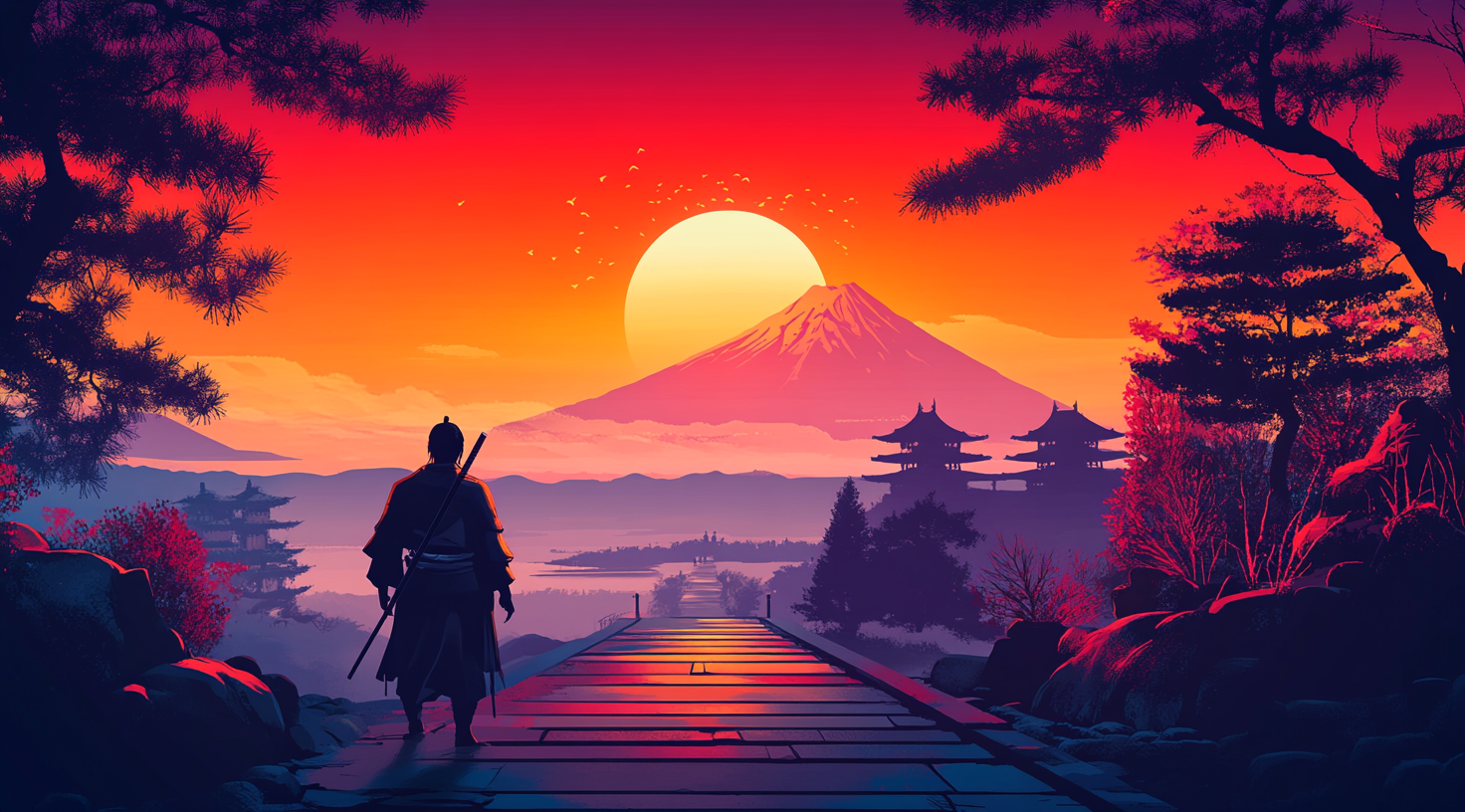 Samurai Overlooking Path to Mt. Fuji at Sunset