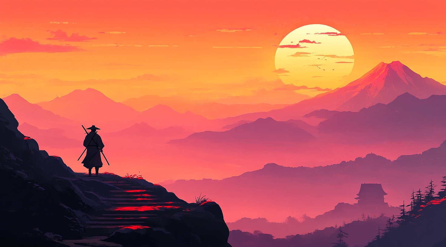 Samurai Walking Towards Mount Fuji at Sunset