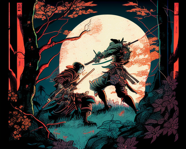 Samurai and Ninja Duel Under Full Moon