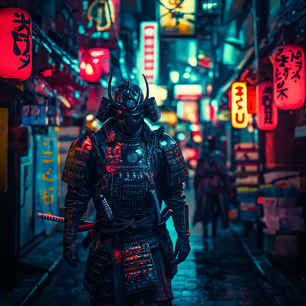 Samurai exploring Tokyo alley with neon lights and ads.