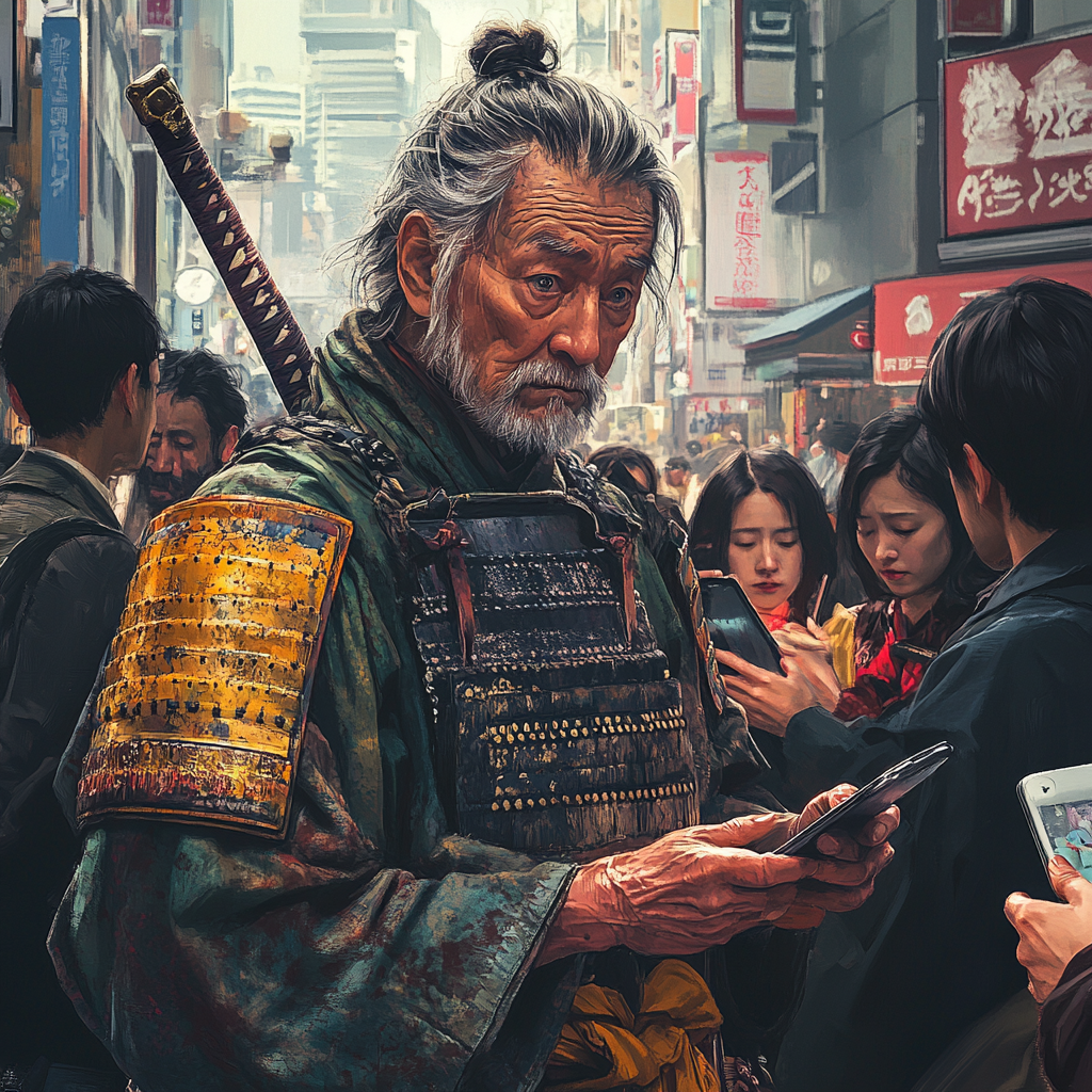 Samurai in ancient armor baffled by modern smartphones.