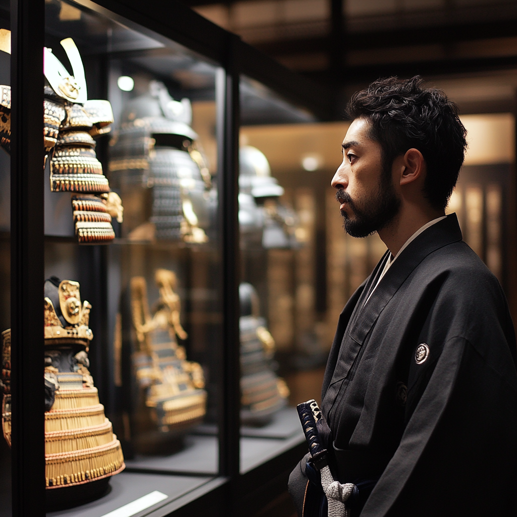 Samurai in museum, pondering ancient armor and weapons.