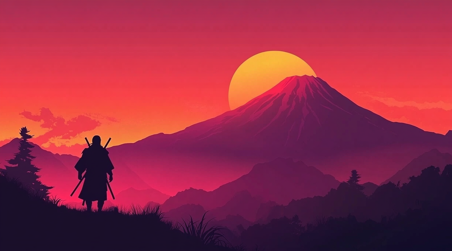 Samurai on Mountain Path: Simple Game Art Design