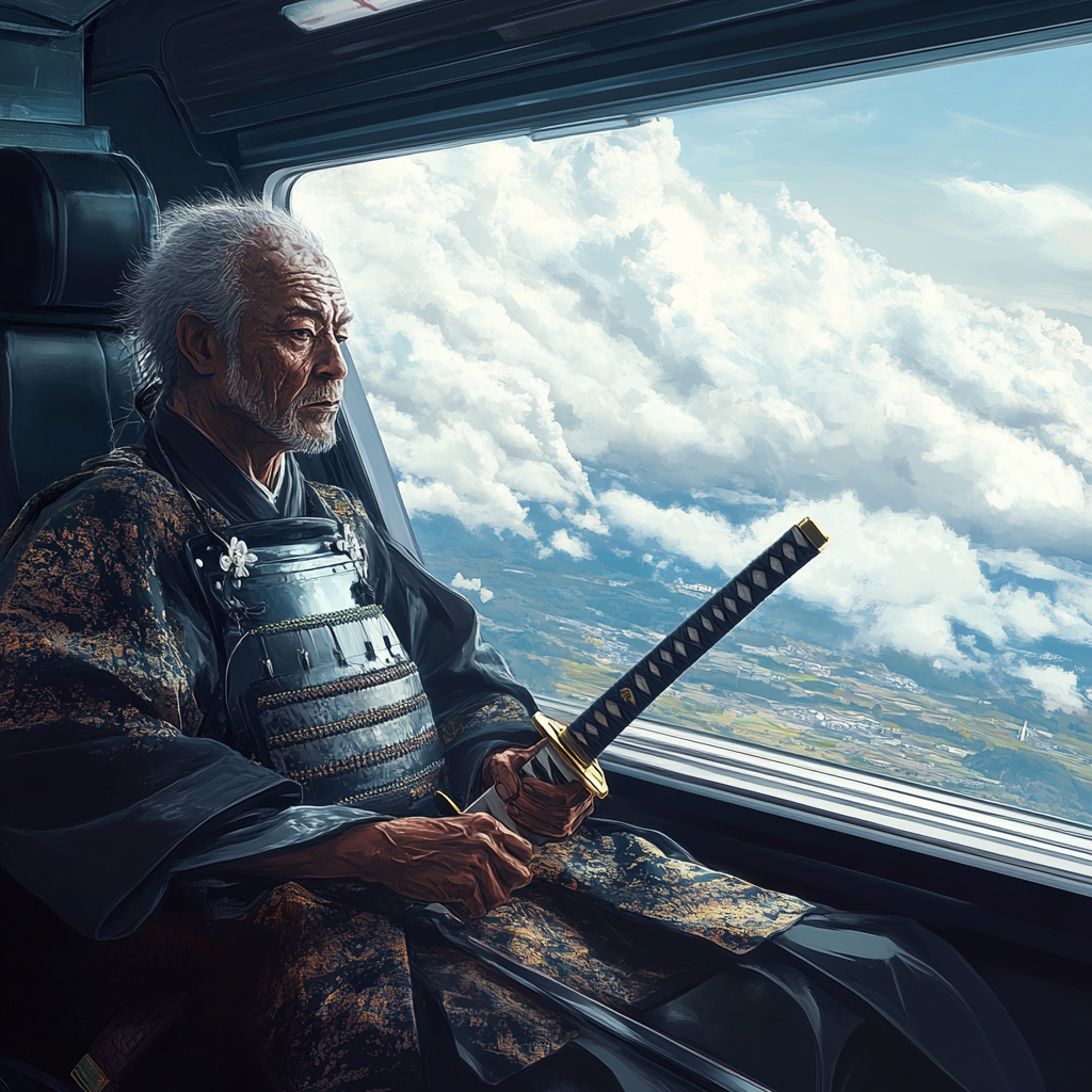 Samurai on bullet train, katana by his side.