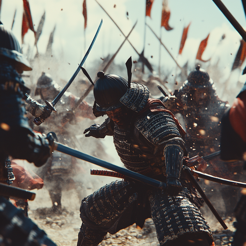 Samurai vs Mongols: swords clash in intense battle.