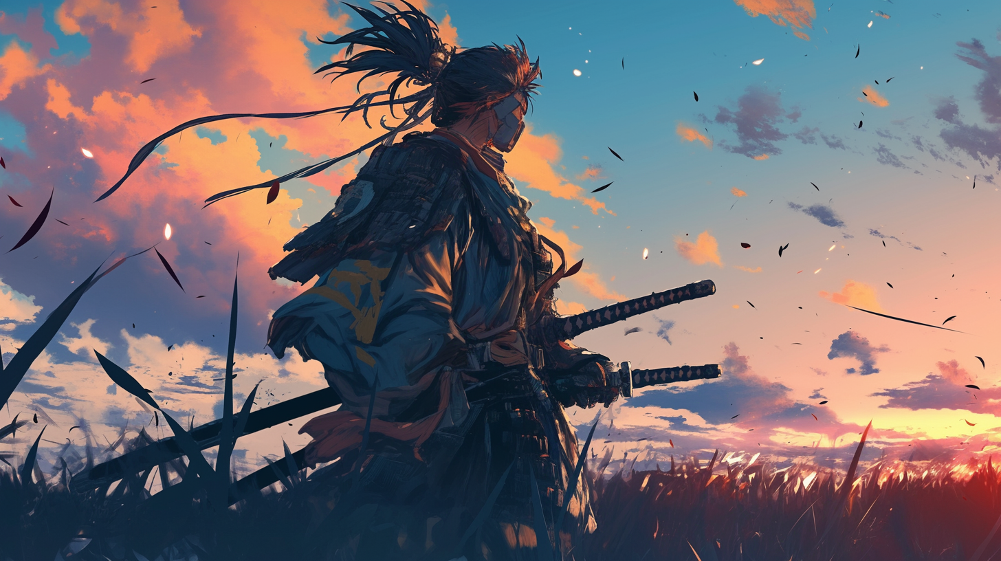 Samurai warrior battling in field at sunset, anime style