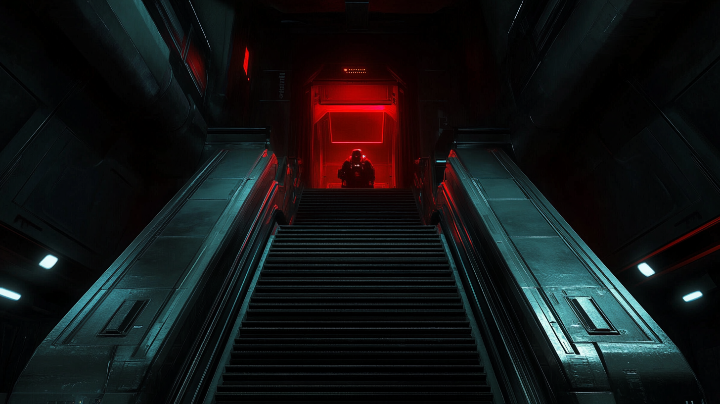 Samus Aran in bio container on dark laboratory stairs