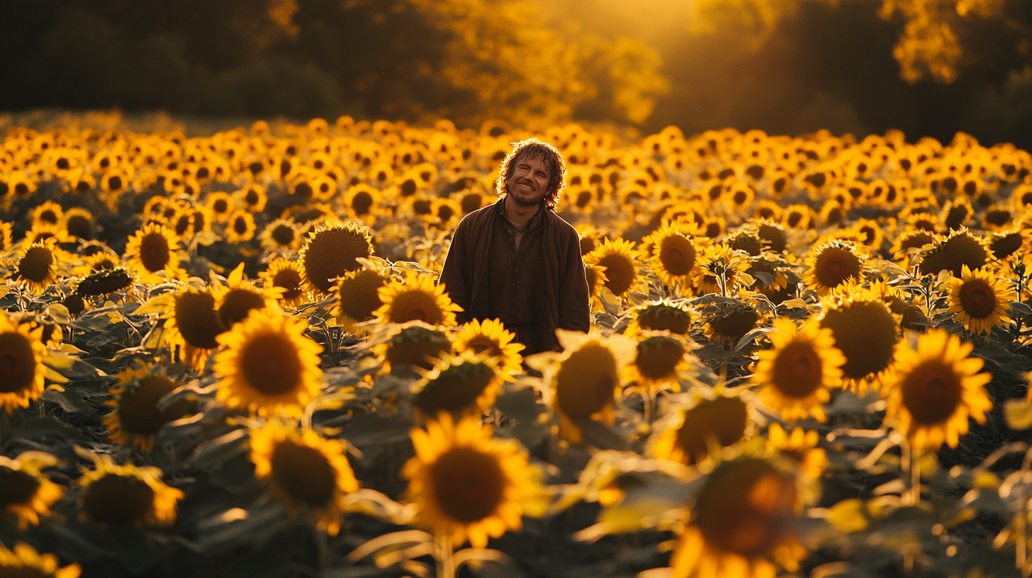 Samwise Gamgee in a sunflower field under autumn sun.