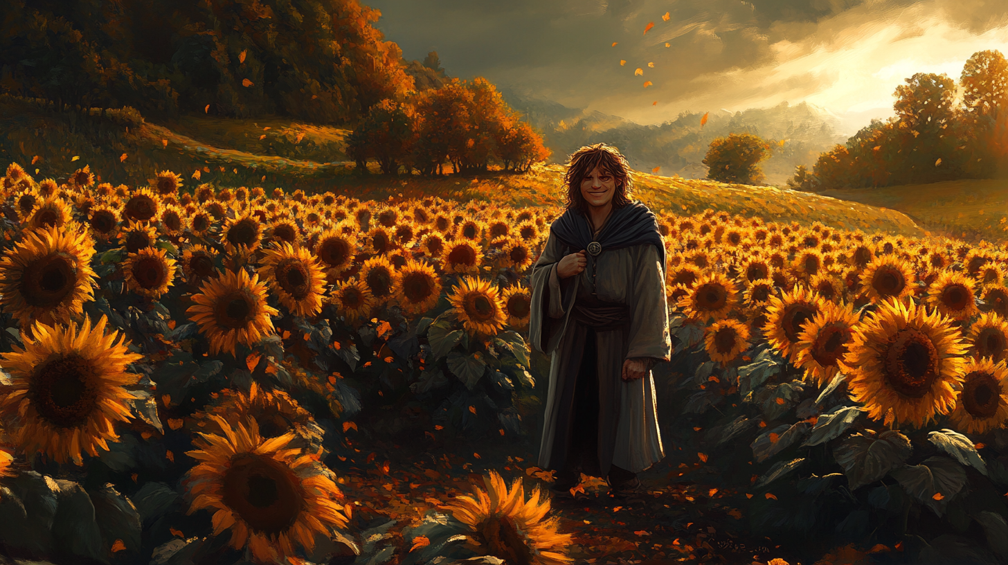 Samwise in sunflower field with warm autumn colors.