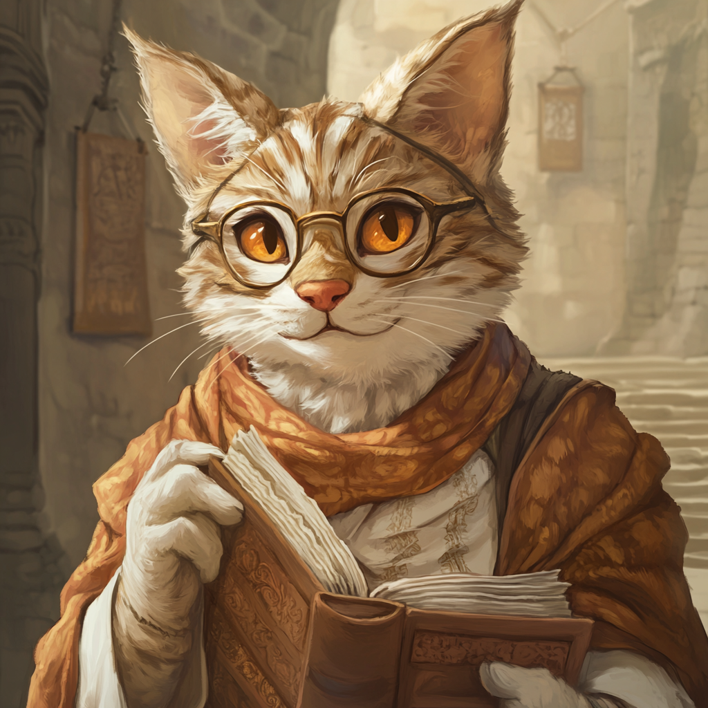 Sandy-furred tabaxi with glasses holds scrolls and books.