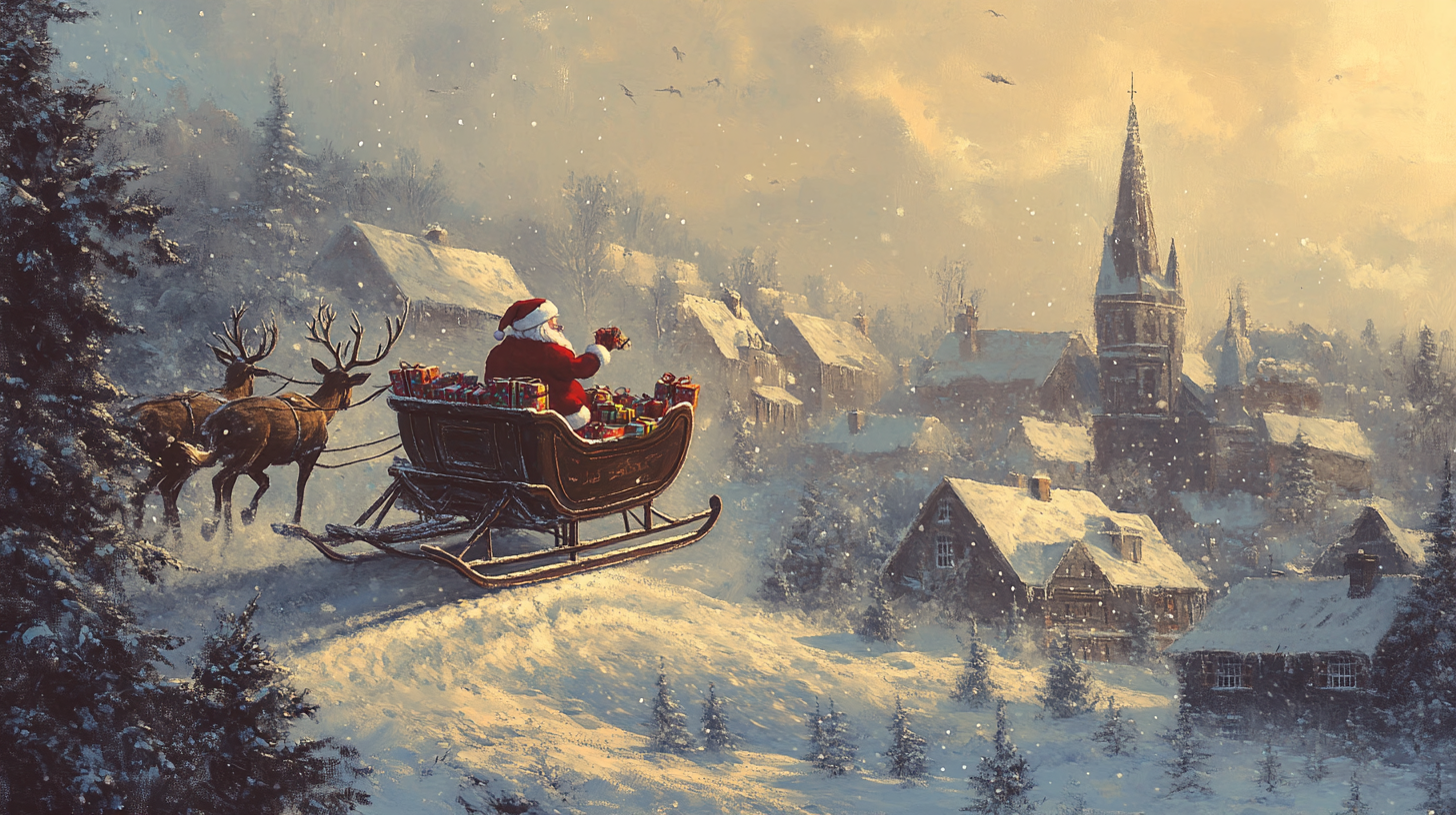 Santa's Classic Christmas Sleigh Ride Over Snowy Town