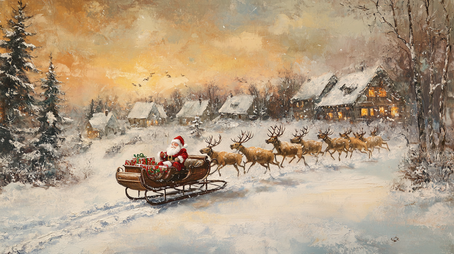 Santa's Sleigh Soaring Over Snowy Christmas Town