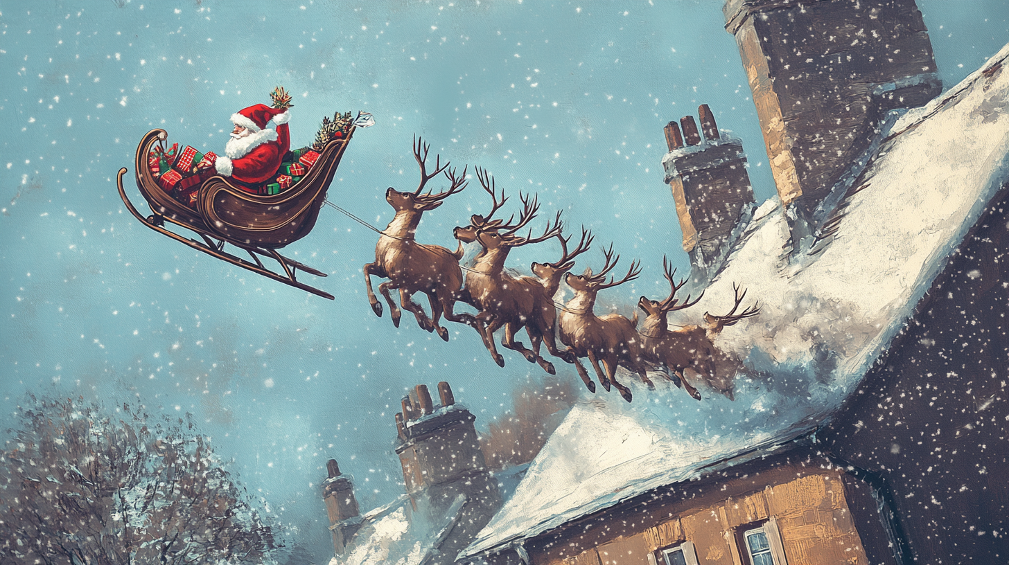 Santa's Sleigh Soaring Over Snowy Rooftop Morning.