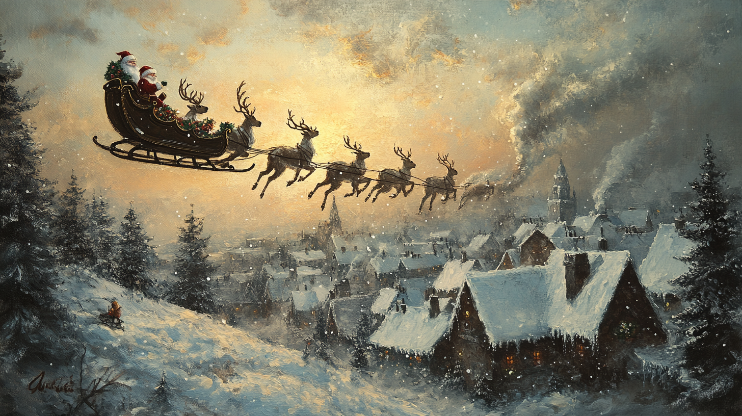 Santa's Sleigh over Snowy Town on Christmas Morning