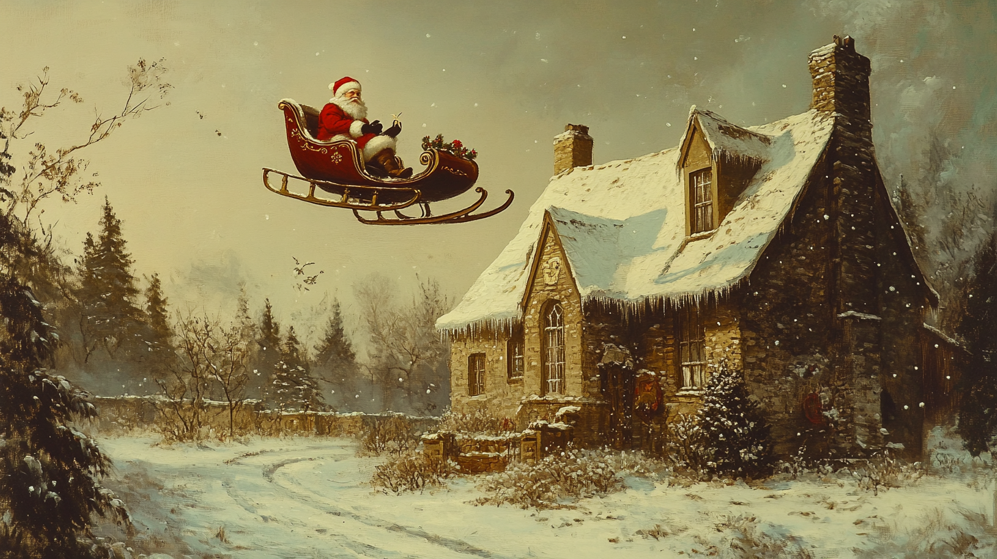 Santa's Vintage Christmas Sleigh Ride Over Snowy House.