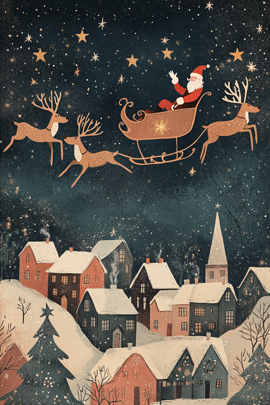 Santa's reindeers fly through night sky.