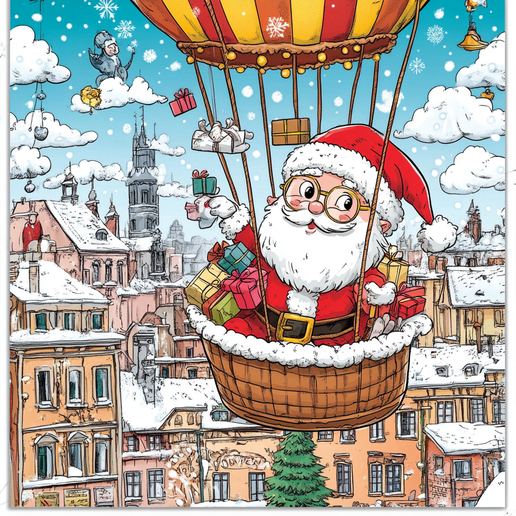 Santa Claus Arrives in Hot Air Balloon with Gifts 