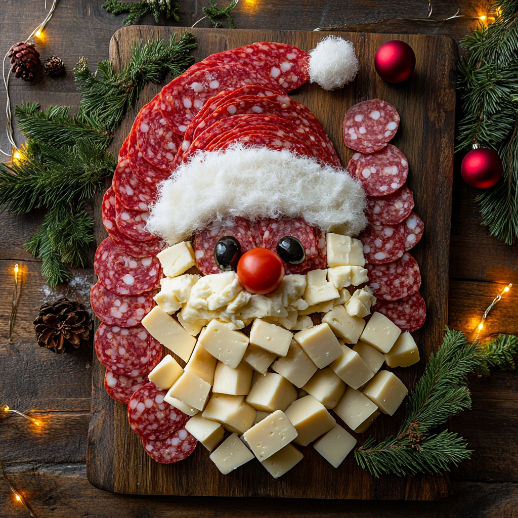 Santa Claus Charcuterie Board with festive decorations.