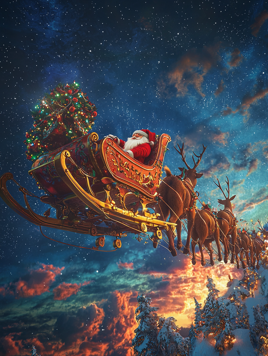 Santa Claus Riding Sleigh Under Starry Sky