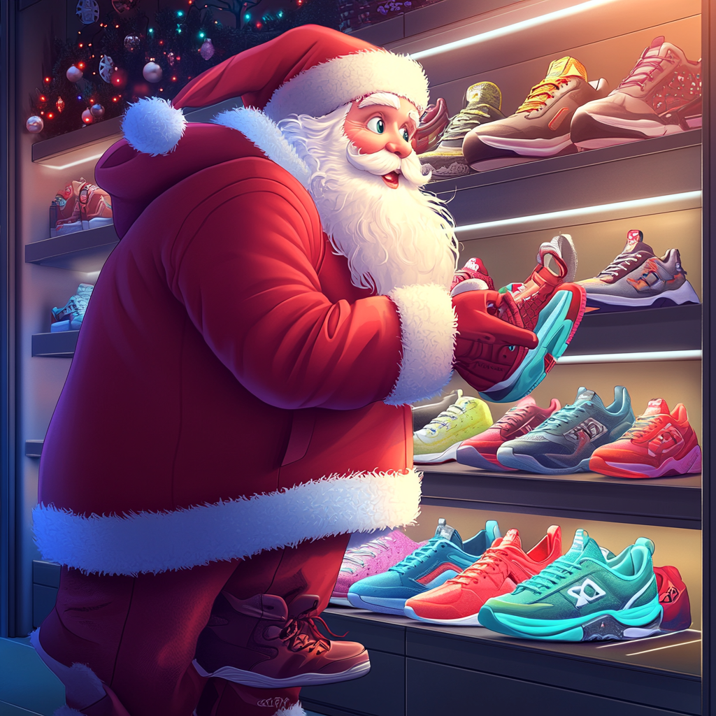 Santa Claus Shopping for Sneakers in Modern Showroom