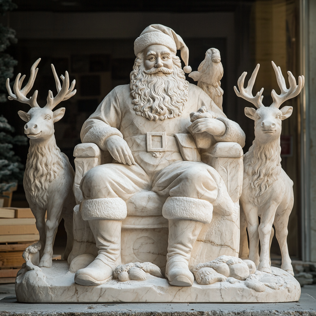 Santa Claus Statue with 2 Marble Reindeers