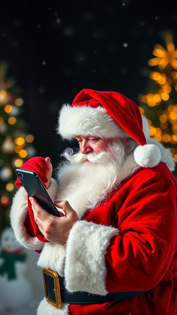 Santa Claus cleans display mobile phone with red cloth.