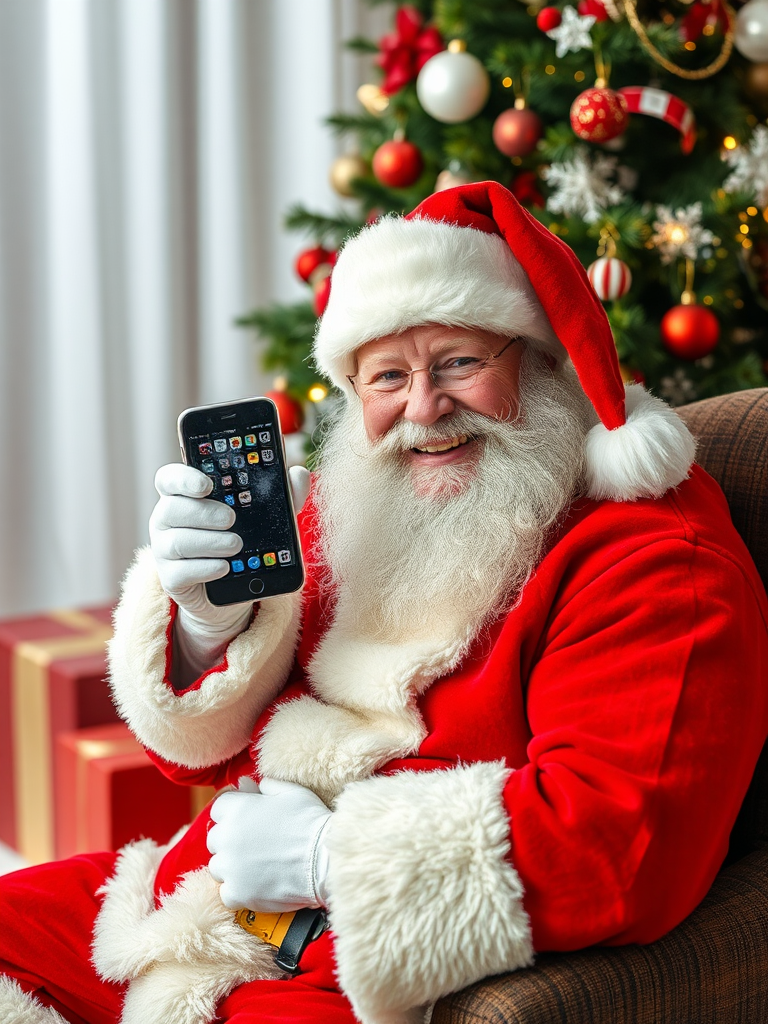 Santa Claus cleans phone under Christmas tree.