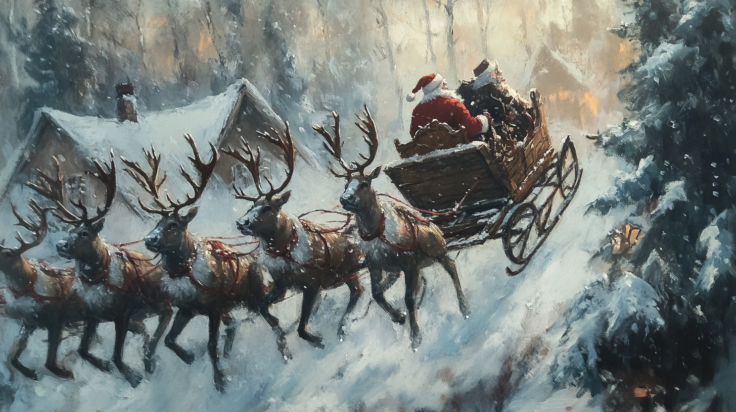 Santa Claus in Sleigh Pulled by 8 Reindeer