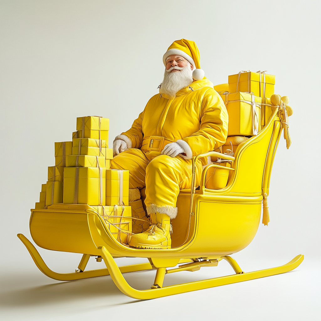 Santa Claus in yellow on a sleigh with gifts