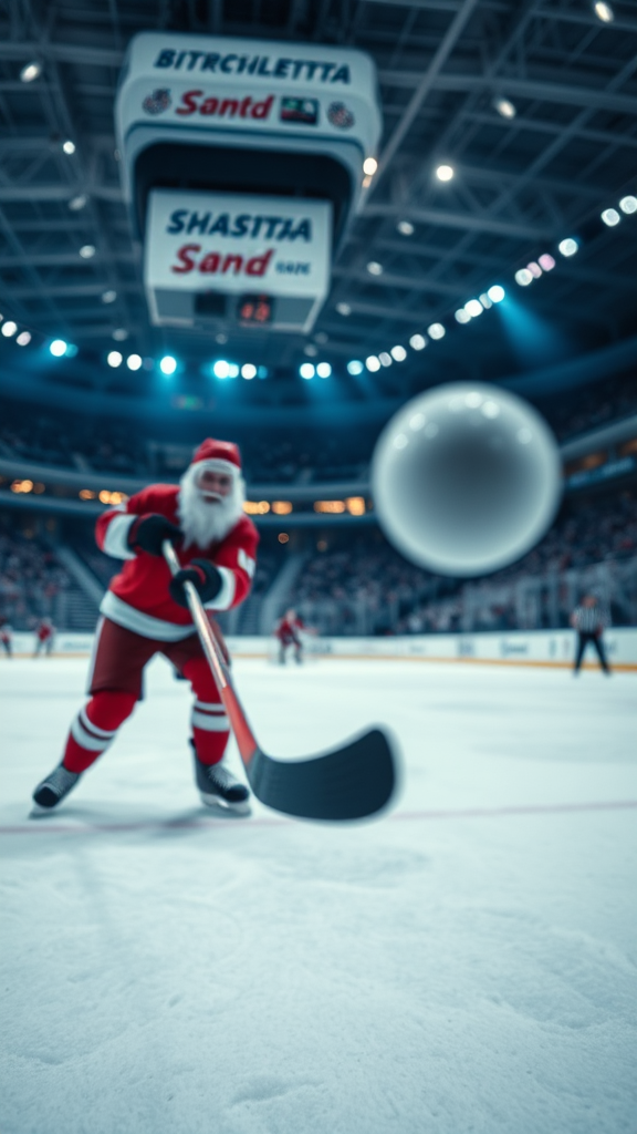 Santa Claus playing hockey with blur motion puck