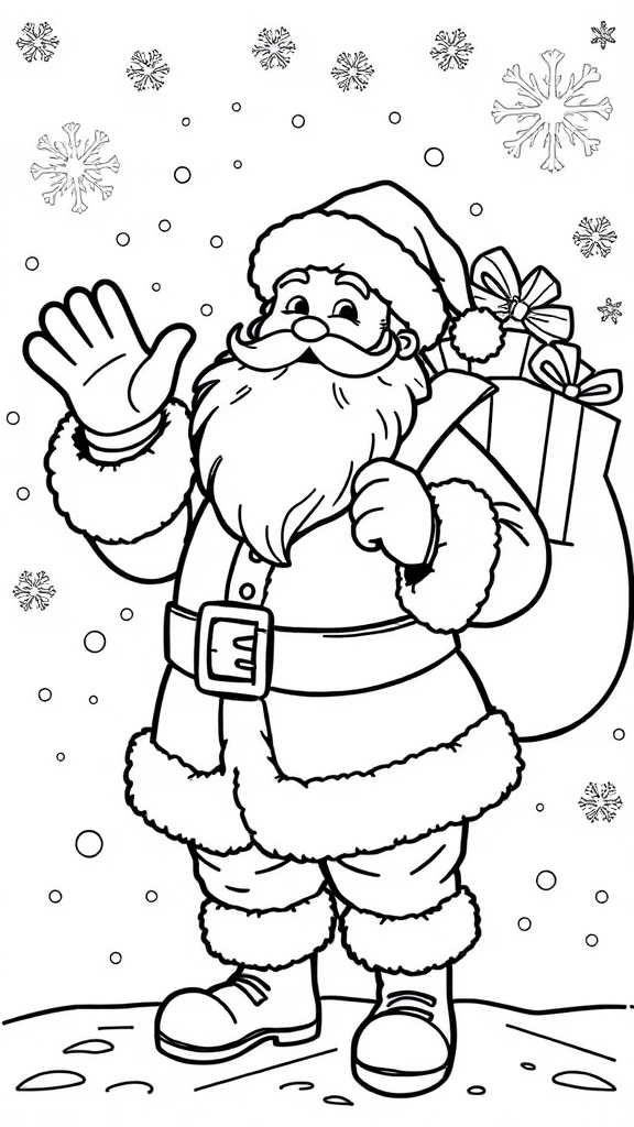 Santa Claus with presents in snowy scene coloring page.