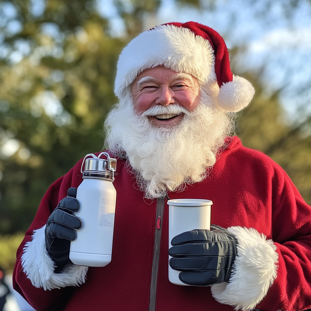 Santa Clause holding insulated water bottle and ceramic mug.