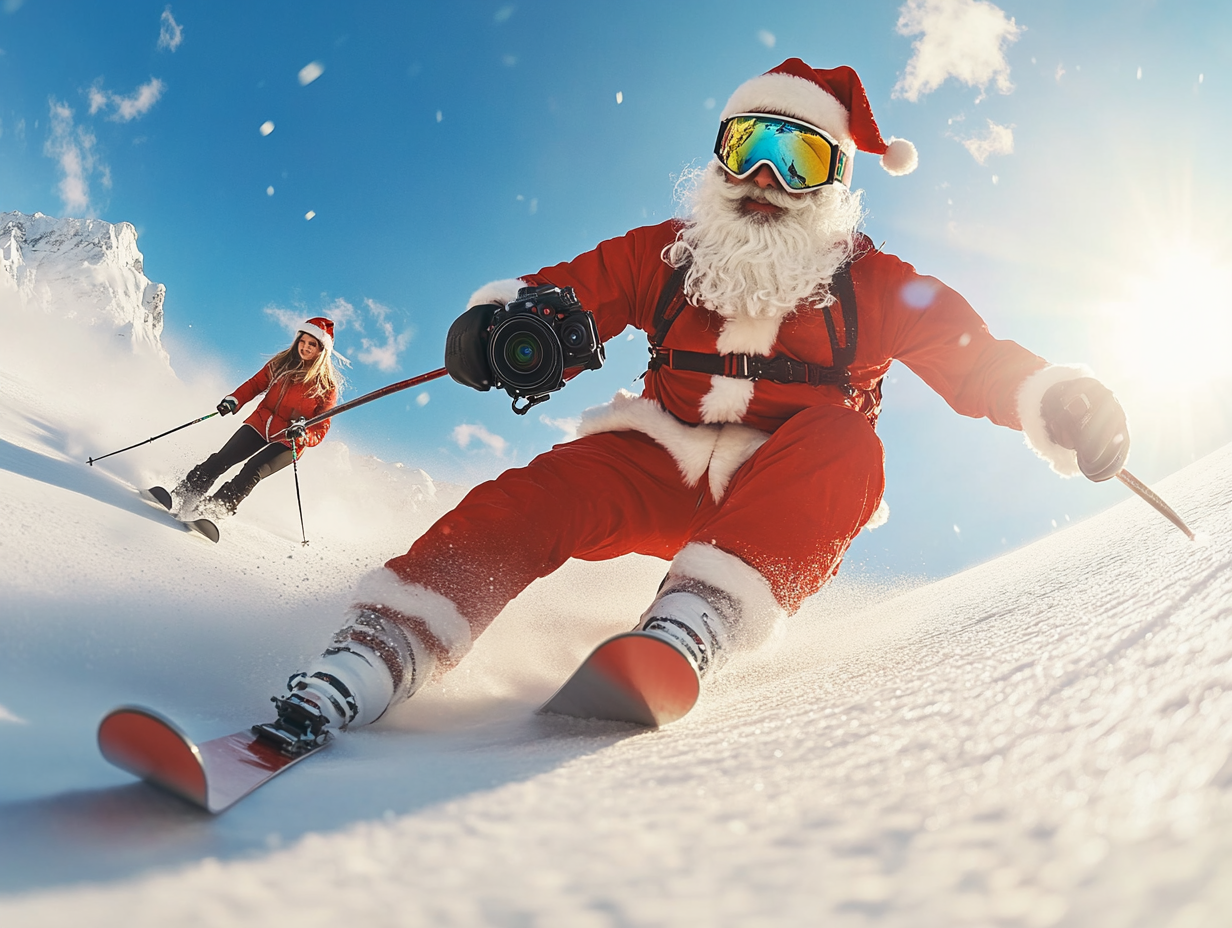 Santa Skier Films Self with Camera on Slope