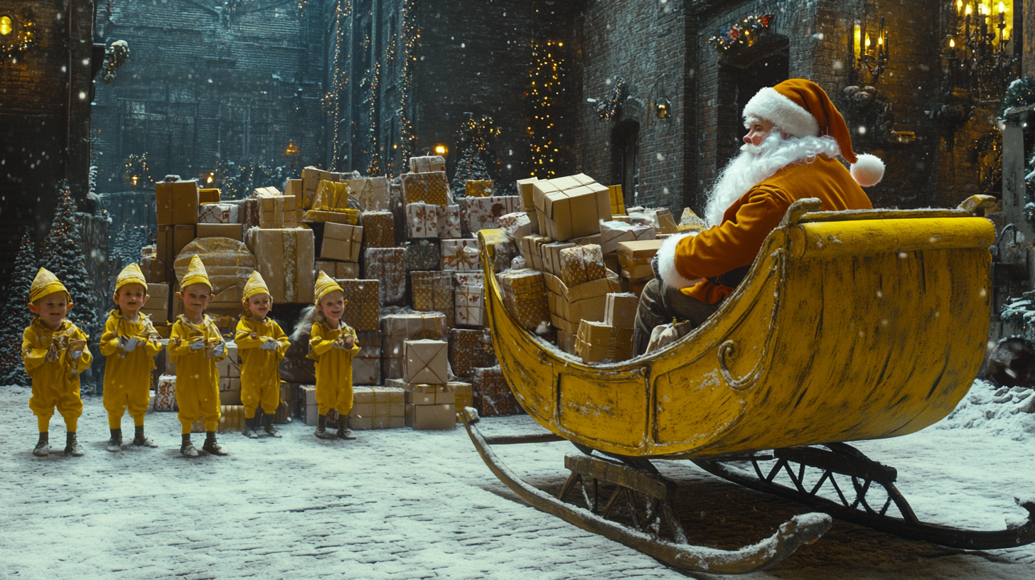 Santa and Elves Loading Gifts into Yellow Sleigh