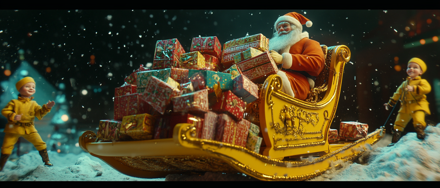 Santa and Elves Loading Gifts on Yellow Sleigh