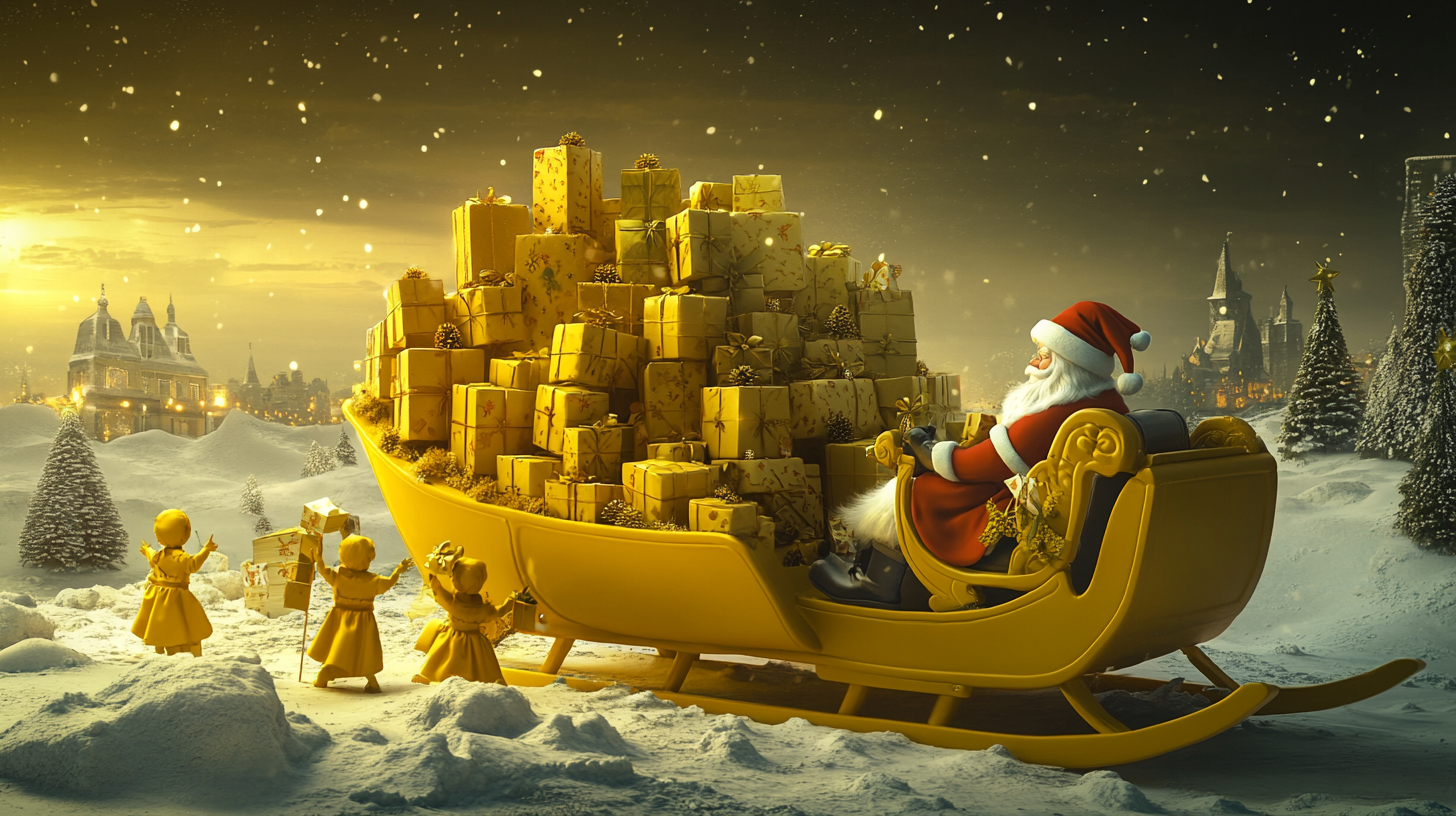 Santa and Elves Preparing Yellow Sleigh at Night