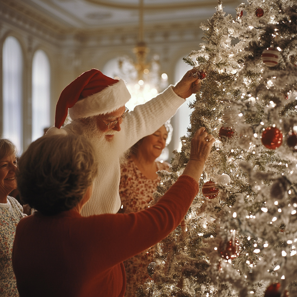 Santa and elderly women decorate trees in festive ballroom