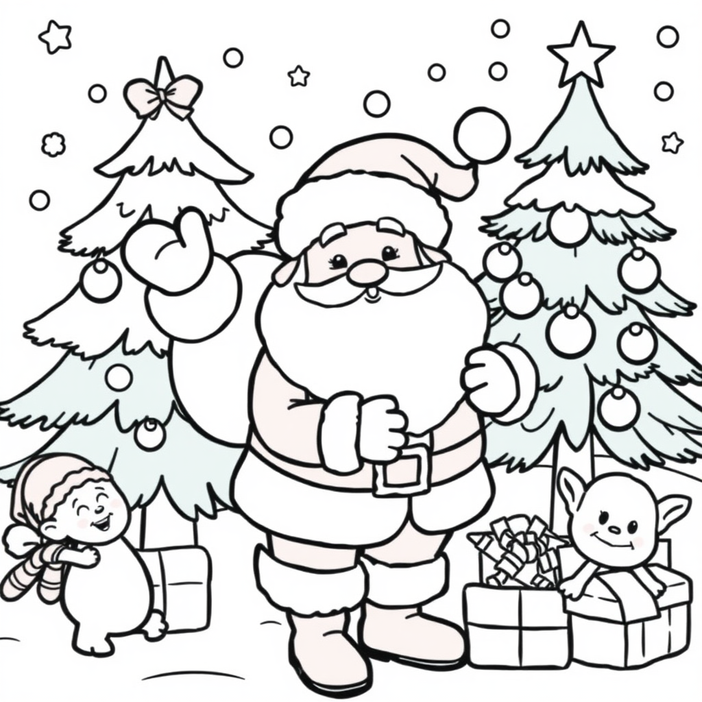 Santa and elves on Christmas coloring pages for kids.