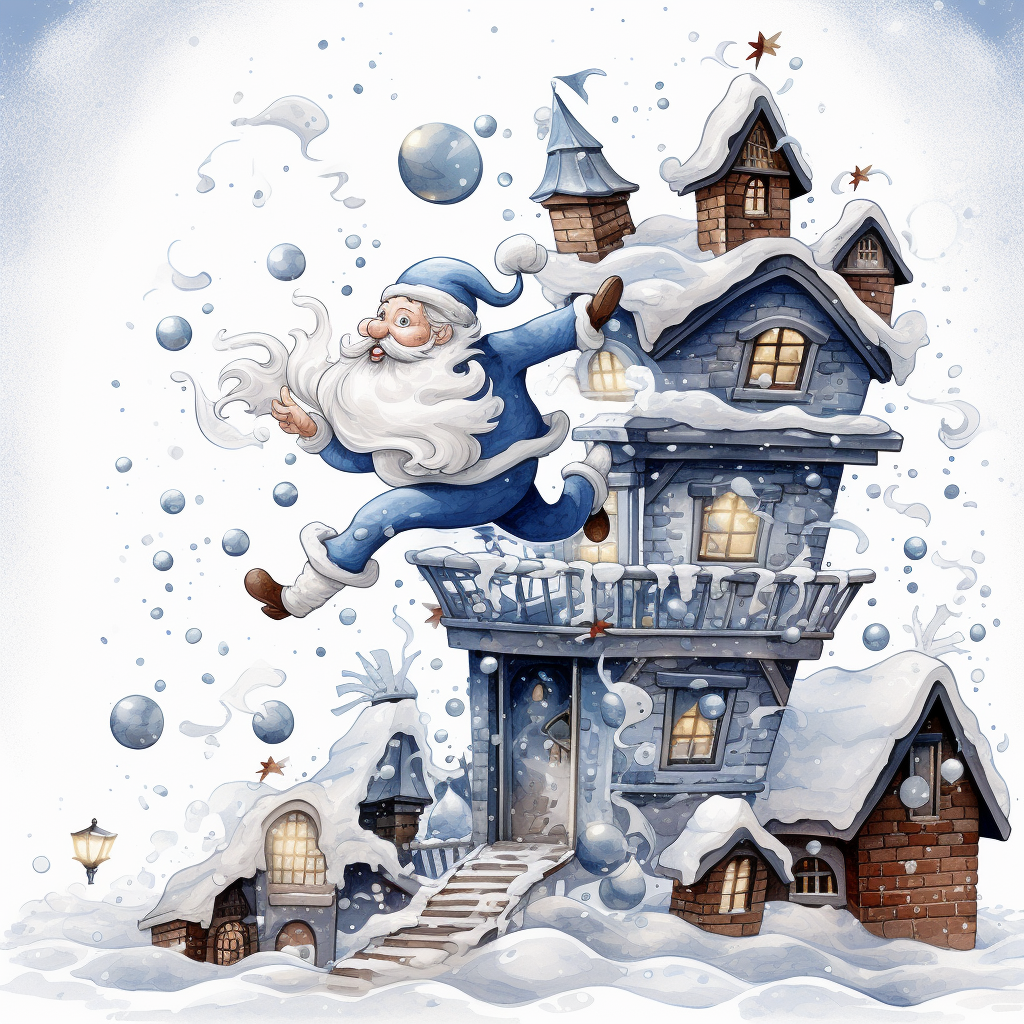 Santa cartoon in blue suit jumps into chimney.