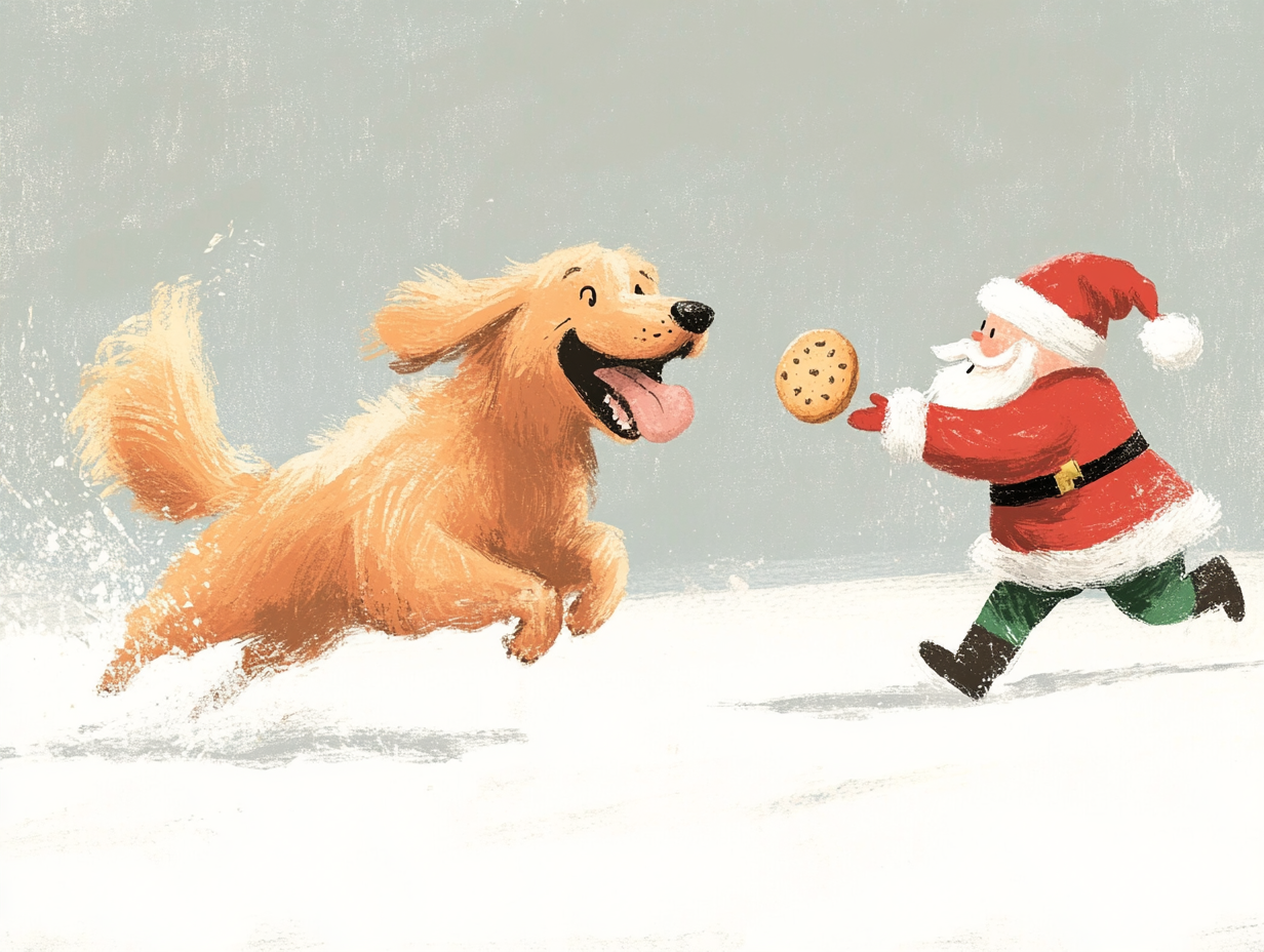 Santa chasing golden retriever with cookie in mouth.